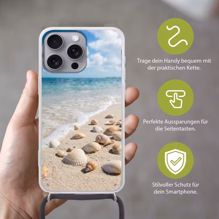 Schelpen - Strand - Natuur - Beige Hoesje iPhone 16 Pro Max met koord klein -sfeer2_DE
