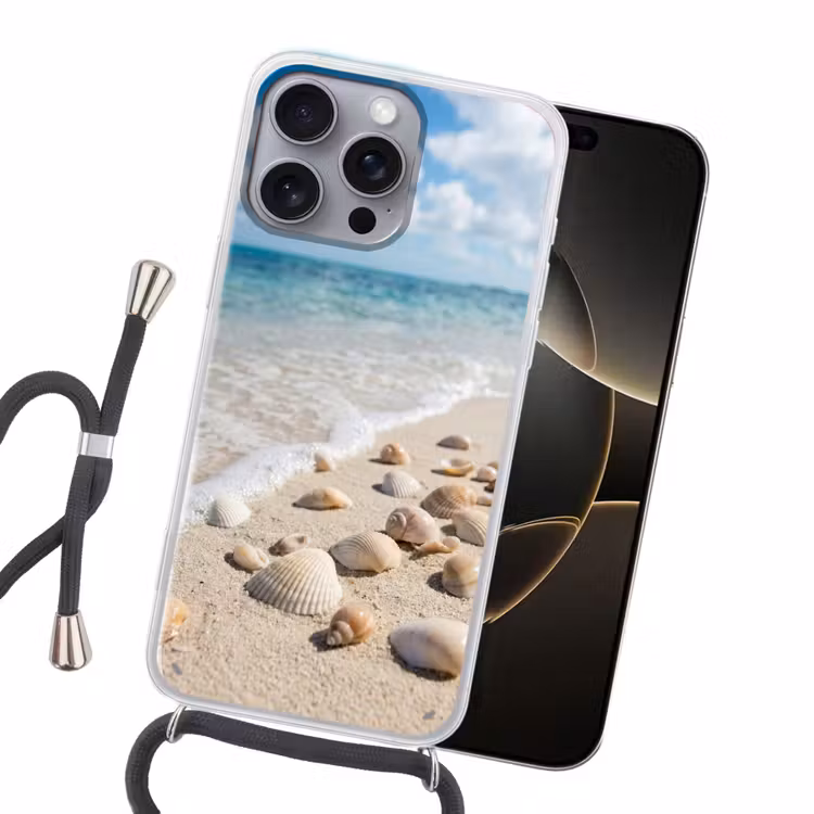 Schelpen - Strand - Natuur - Beige Hoesje iPhone 16 Pro Max met koord klein -sfeer1