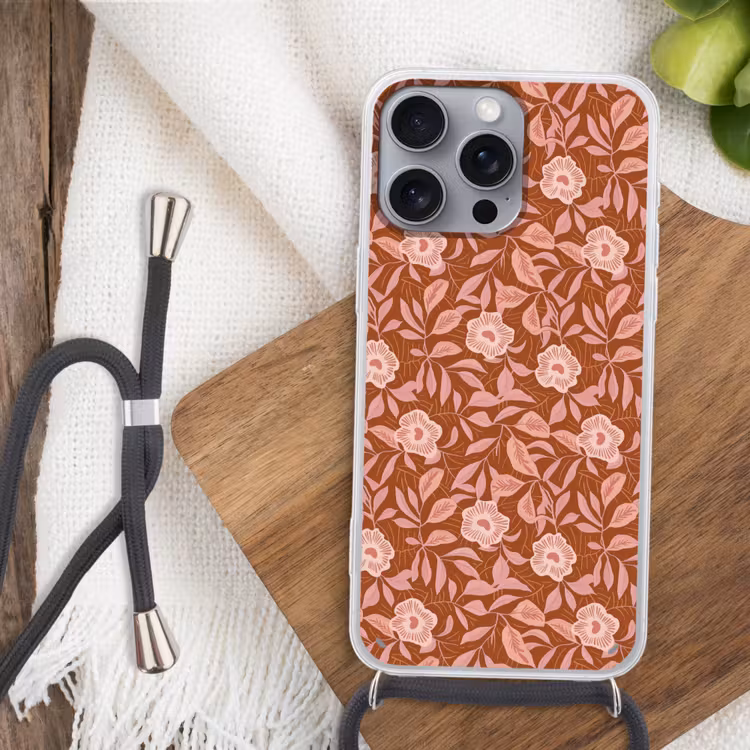 Patroon - Bladeren - Terracotta Hoesje iPhone 16 Pro Max met koord klein 804 -sfeer4