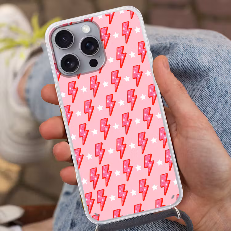 Patroon - Bliksem - Ster - Glitter - Roze Hoesje iPhone 16 Pro Max met koord klein -sfeer3