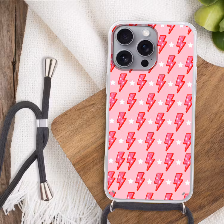 Patroon - Bliksem - Ster - Glitter - Roze Hoesje iPhone 16 Pro Max met koord klein -sfeer4