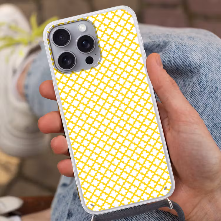 Patroon - Geometrisch - Klassiek - Geel Hoesje iPhone 16 Pro Max met koord klein 804 -sfeer3