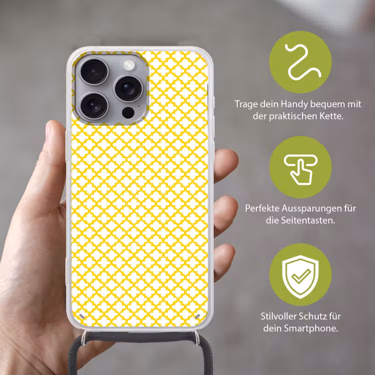 Patroon - Geometrisch - Klassiek - Geel Hoesje iPhone 16 Pro Max met koord klein 804 -sfeer2_DE