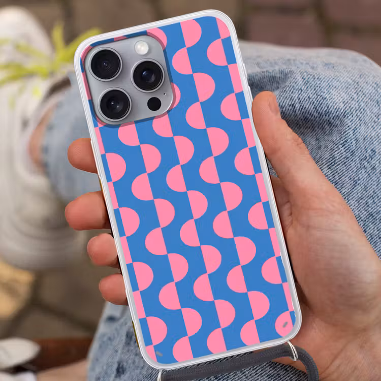 Patroon - Halve cirkels - Abstract - Modern - Roze - Blauw Hoesje iPhone 16 Pro Max met koord klein -sfeer3