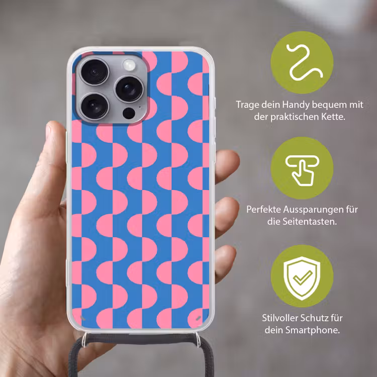 Patroon - Halve cirkels - Abstract - Modern - Roze - Blauw Hoesje iPhone 16 Pro Max met koord klein -sfeer2_DE