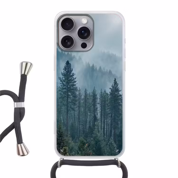 Naaldwoud - Bergen - Mist Hoesje iPhone 16 Pro Max met koord klein -3d
