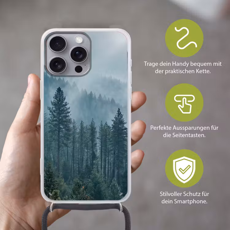 Naaldwoud - Bergen - Mist Hoesje iPhone 16 Pro Max met koord klein -sfeer2_DE