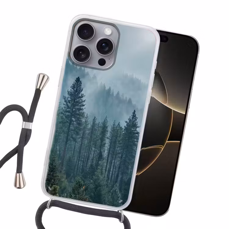 Naaldwoud - Bergen - Mist Hoesje iPhone 16 Pro Max met koord klein -sfeer1
