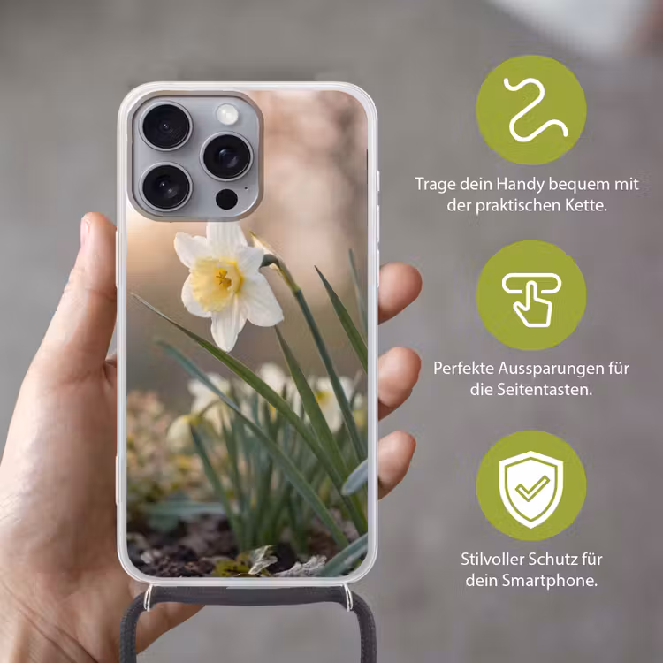 Narcis - Bloem - Minimalistisch Hoesje iPhone 16 Pro Max met koord klein -sfeer2_DE