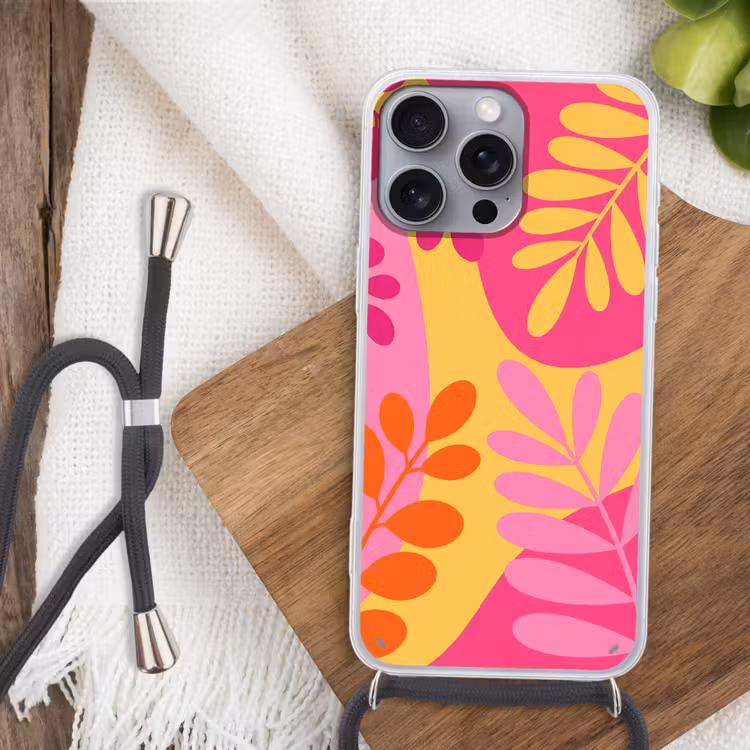 Natuur - Bladeren - Abstract - Roze - Geel Hoesje iPhone 16 Pro Max met koord klein -sfeer4