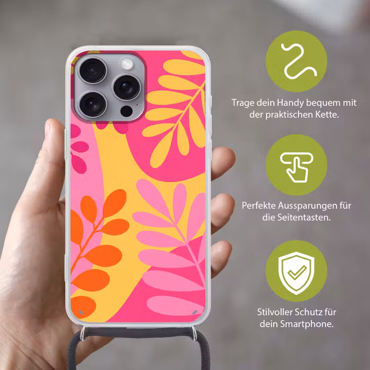 Natuur - Bladeren - Abstract - Roze - Geel Hoesje iPhone 16 Pro Max met koord klein -sfeer2_DE