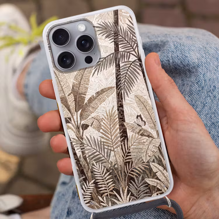 Natuur - Bladeren - Landschap - Mozaïek - Beige Hoesje iPhone 16 Pro Max met koord klein -sfeer3