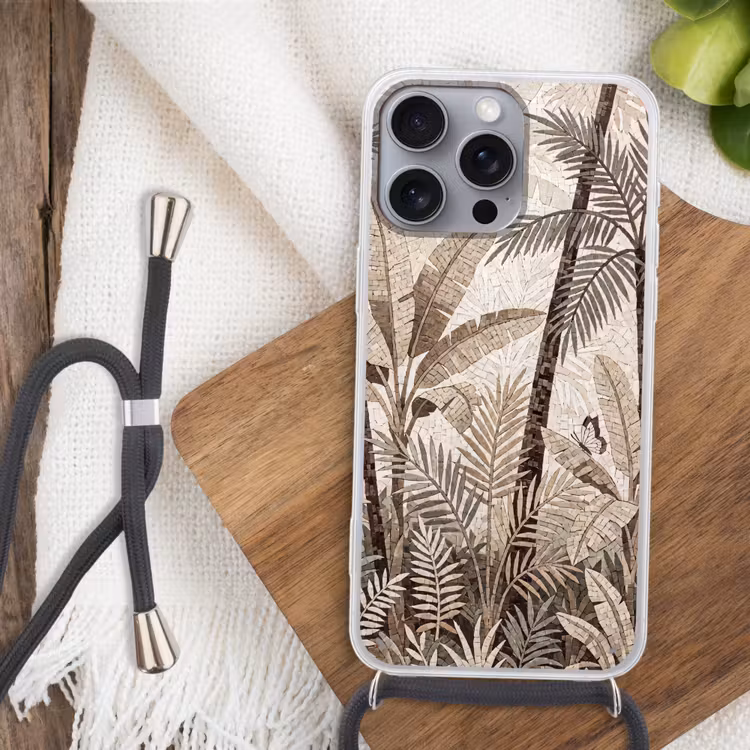 Natuur - Bladeren - Landschap - Mozaïek - Beige Hoesje iPhone 16 Pro Max met koord klein -sfeer4