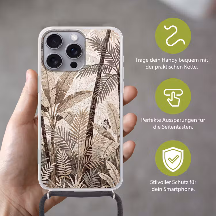 Natuur - Bladeren - Landschap - Mozaïek - Beige Hoesje iPhone 16 Pro Max met koord klein -sfeer2_DE