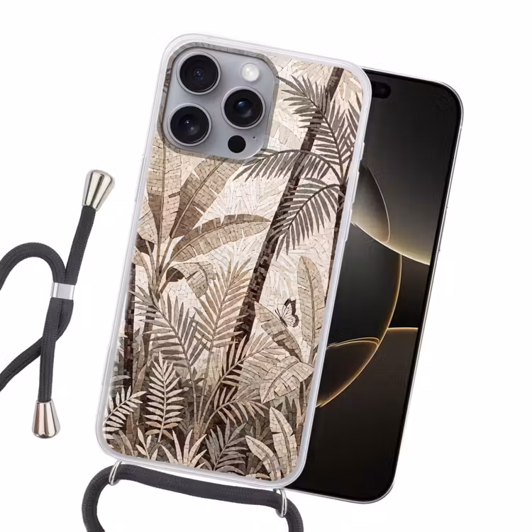 Natuur - Bladeren - Landschap - Mozaïek - Beige Hoesje iPhone 16 Pro Max met koord klein -sfeer1
