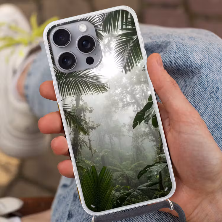 Natuur - Jungle - Mist - Groen - Bladeren Hoesje iPhone 16 Pro Max met koord klein -sfeer3