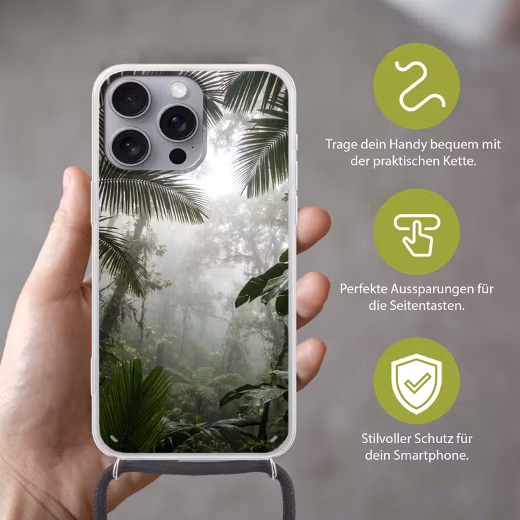 Natuur - Jungle - Mist - Groen - Bladeren Hoesje iPhone 16 Pro Max met koord klein -sfeer2_DE
