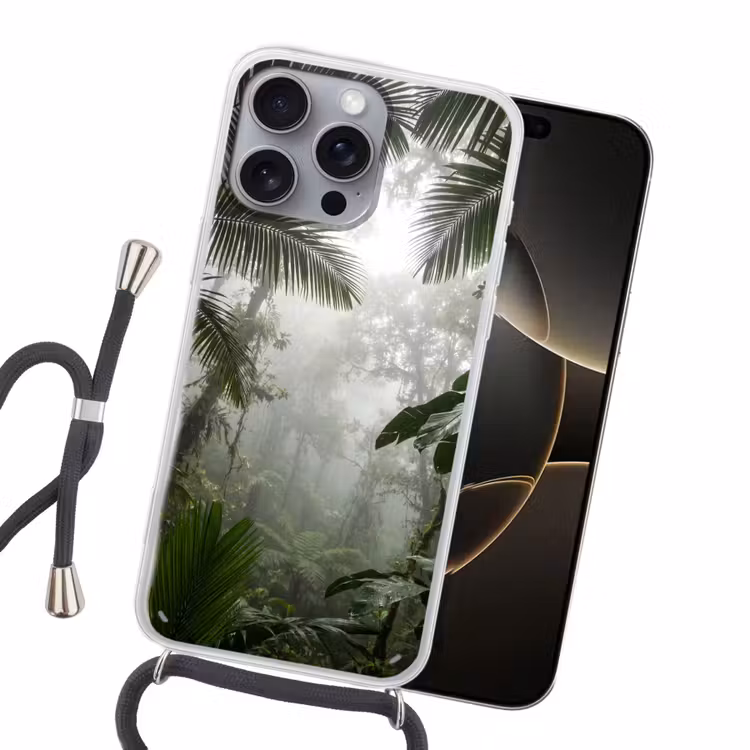 Natuur - Jungle - Mist - Groen - Bladeren Hoesje iPhone 16 Pro Max met koord klein -sfeer1