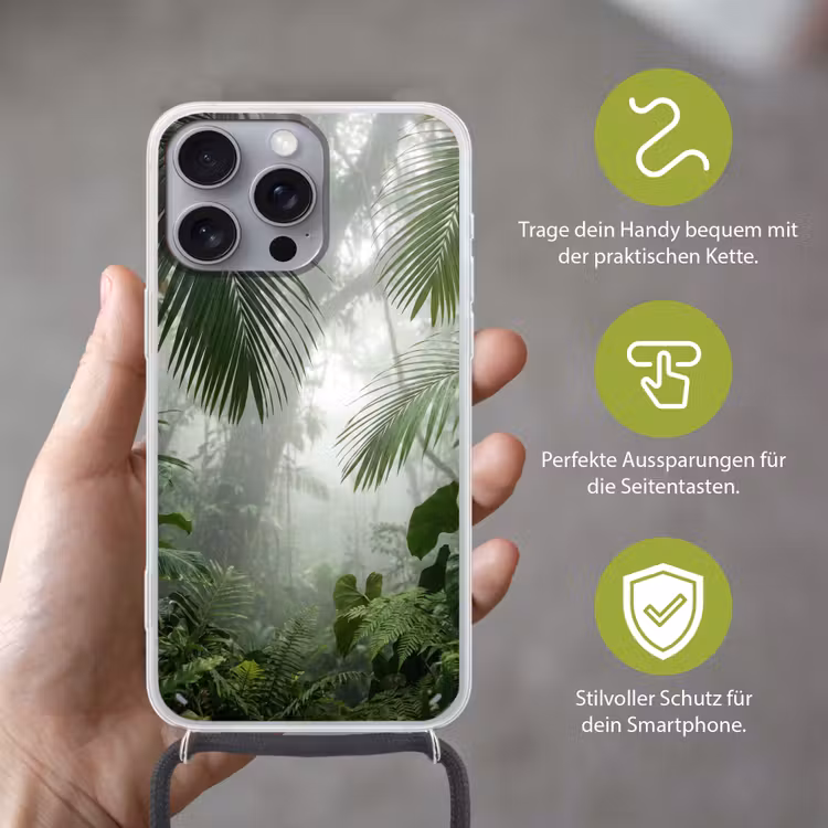 Natuur - Jungle - Mist - Tropisch - Groen Hoesje iPhone 16 Pro Max met koord klein -sfeer2_DE