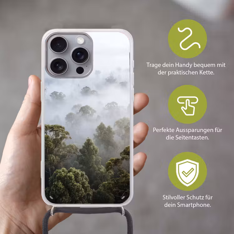 Natuur - Mist - Bos - Ochtend - Goud Hoesje iPhone 16 Pro Max met koord klein -sfeer2_DE