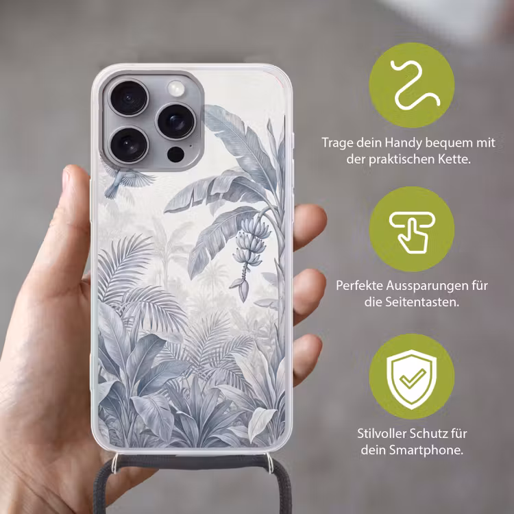 Natuur - Vogel - Jungle - Illustratie - Blauw Hoesje iPhone 16 Pro Max met koord klein -sfeer2_DE