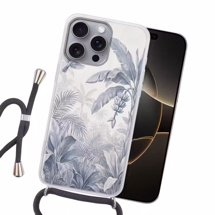 Natuur - Vogel - Jungle - Illustratie - Blauw Hoesje iPhone 16 Pro Max met koord klein -sfeer1