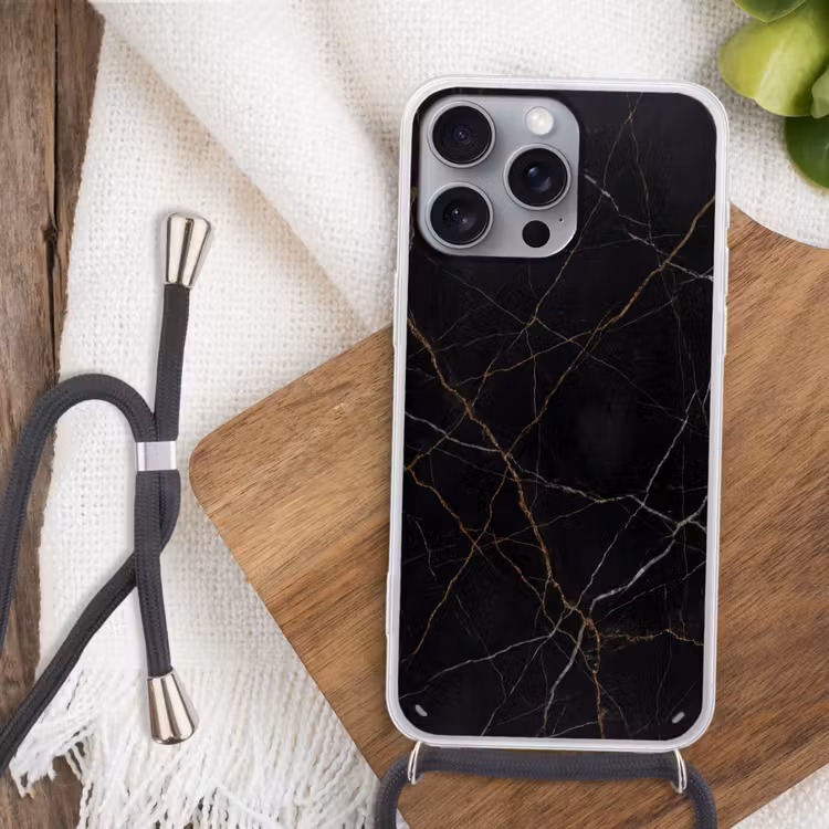 Natuursteen - Marmerpatroon - Abstract - Modern - Zwart - Goud Hoesje iPhone 16 Pro Max met koord klein -sfeer4
