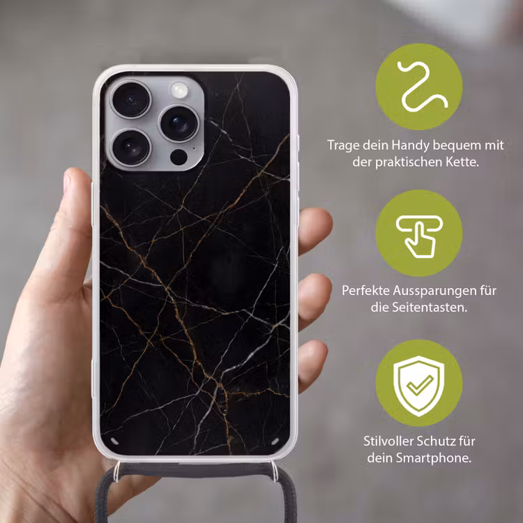 Natuursteen - Marmerpatroon - Abstract - Modern - Zwart - Goud Hoesje iPhone 16 Pro Max met koord klein -sfeer2_DE