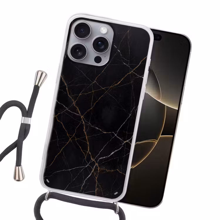 Natuursteen - Marmerpatroon - Abstract - Modern - Zwart - Goud Hoesje iPhone 16 Pro Max met koord klein -sfeer1