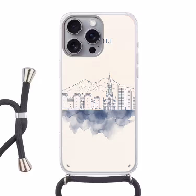 Napels - Skyline - Italie - Lijntekening - Aquarel Hoesje iPhone 16 Pro Max met koord klein -3d