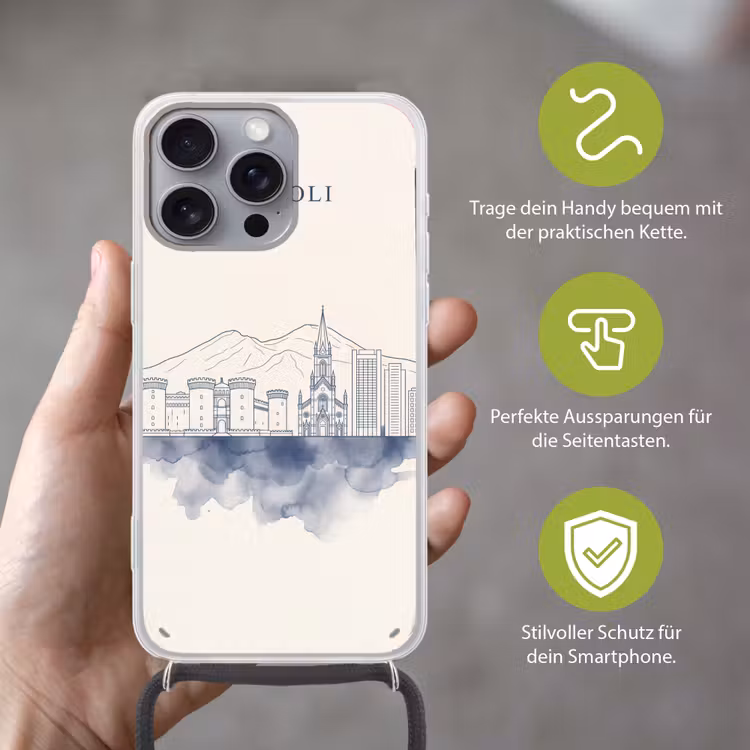 Napels - Skyline - Italie - Lijntekening - Aquarel Hoesje iPhone 16 Pro Max met koord klein -sfeer2_DE