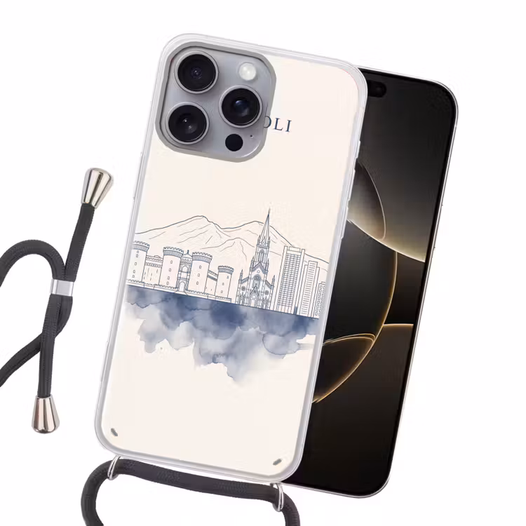 Napels - Skyline - Italie - Lijntekening - Aquarel Hoesje iPhone 16 Pro Max met koord klein -sfeer1