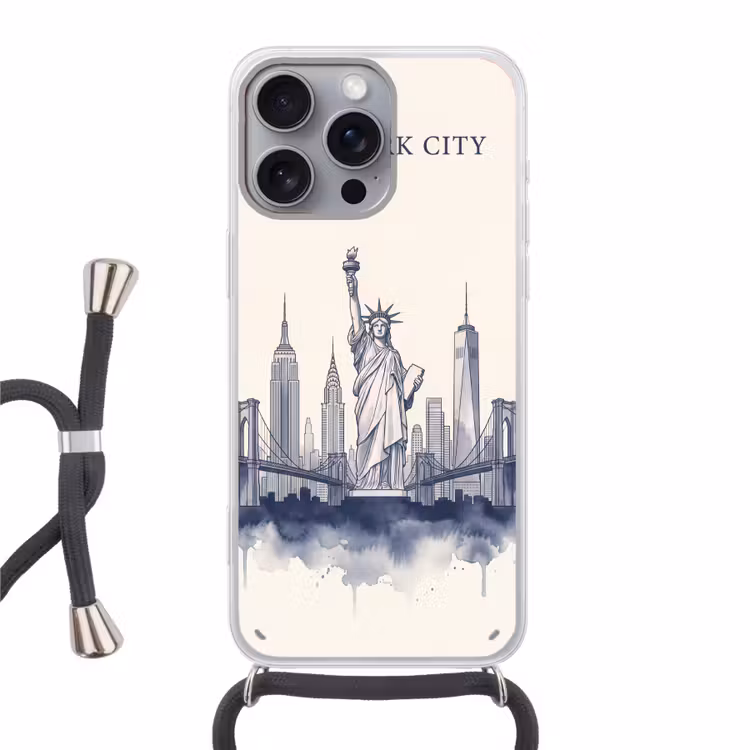 New York - Vrijheidsbeeld - Skyline - Illustratie - Blauw Hoesje iPhone 16 Pro Max met koord klein -3d