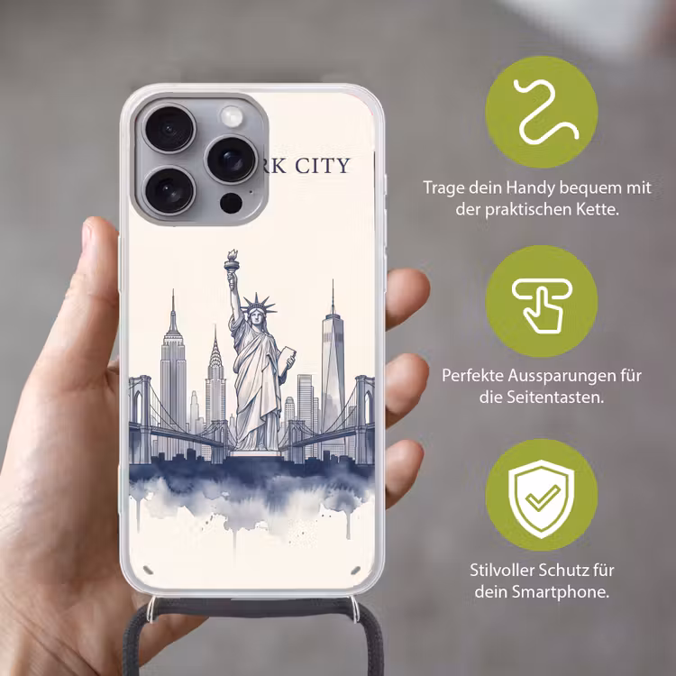 New York - Vrijheidsbeeld - Skyline - Illustratie - Blauw Hoesje iPhone 16 Pro Max met koord klein -sfeer2_DE
