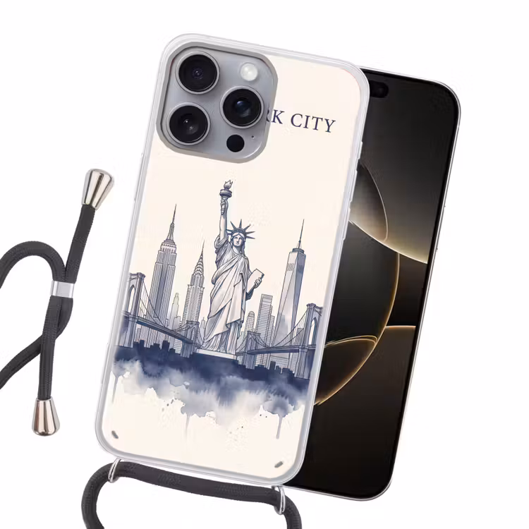 New York - Vrijheidsbeeld - Skyline - Illustratie - Blauw Hoesje iPhone 16 Pro Max met koord klein -sfeer1