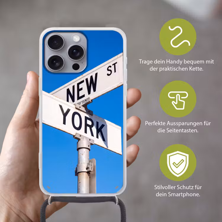 New York - Straatbord - Stad - Urban - Blauw Hoesje iPhone 16 Pro Max met koord klein -sfeer2_DE