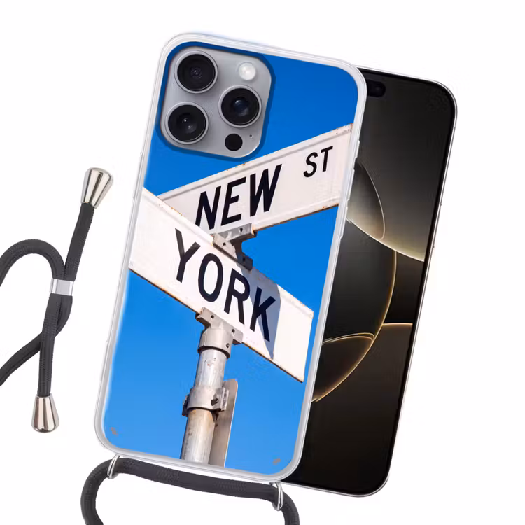 New York - Straatbord - Stad - Urban - Blauw Hoesje iPhone 16 Pro Max met koord klein -sfeer1