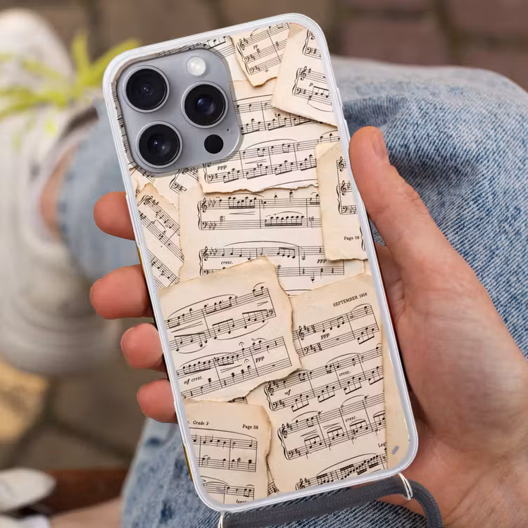 Bladmuziek - Oud - Noten - Vintage - Beige Hoesje iPhone 16 Pro Max met koord klein -sfeer3