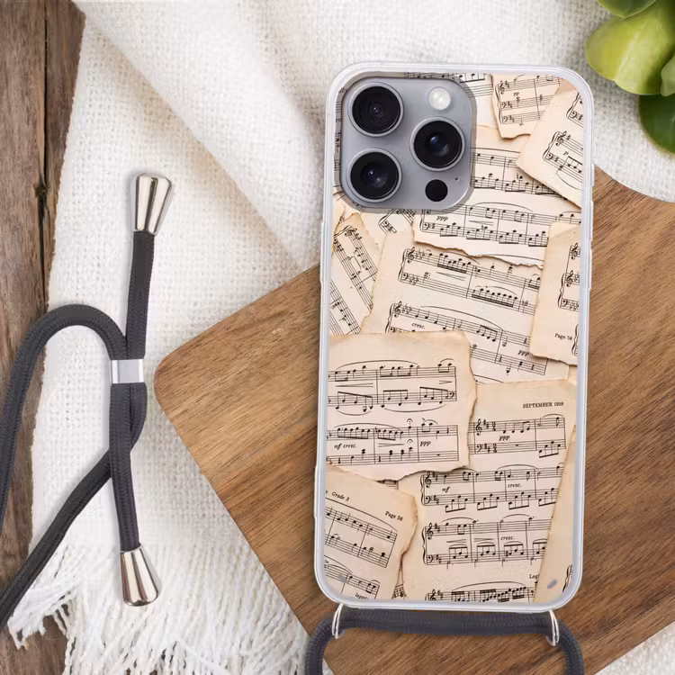 Bladmuziek - Oud - Noten - Vintage - Beige Hoesje iPhone 16 Pro Max met koord klein -sfeer4