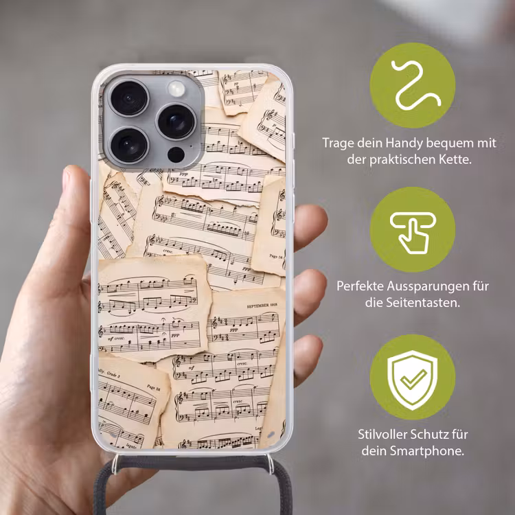Bladmuziek - Oud - Noten - Vintage - Beige Hoesje iPhone 16 Pro Max met koord klein -sfeer2_DE