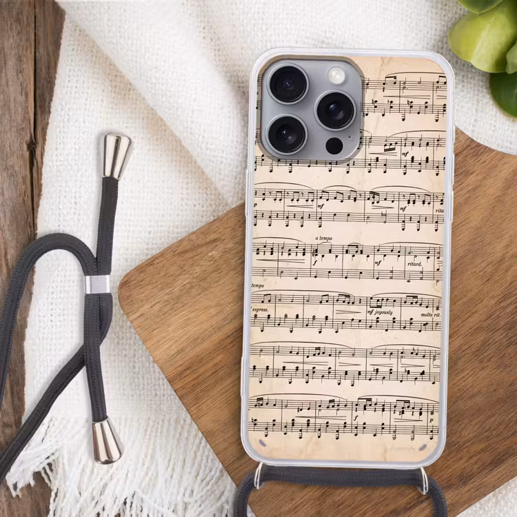 Muzieknotatie - Notenbalken - Kunst - Klassiek - Beige Hoesje iPhone 16 Pro Max met koord klein -sfeer4