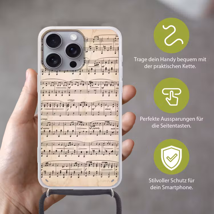 Muzieknotatie - Notenbalken - Kunst - Klassiek - Beige Hoesje iPhone 16 Pro Max met koord klein -sfeer2_DE