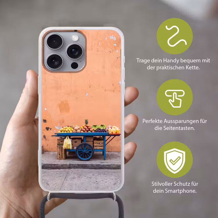 Handyhülle mit Band - Obst – Kar – Straße - Fruit - Kar - Straat Hoesje iPhone 16 Pro Max met koord klein