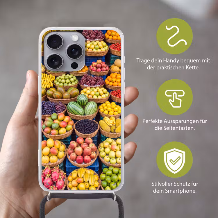 Handyhülle mit Band - Obst – Markt – Bunt - Fruit - Markt - Kleurrijk Hoesje iPhone 16 Pro Max met koord klein