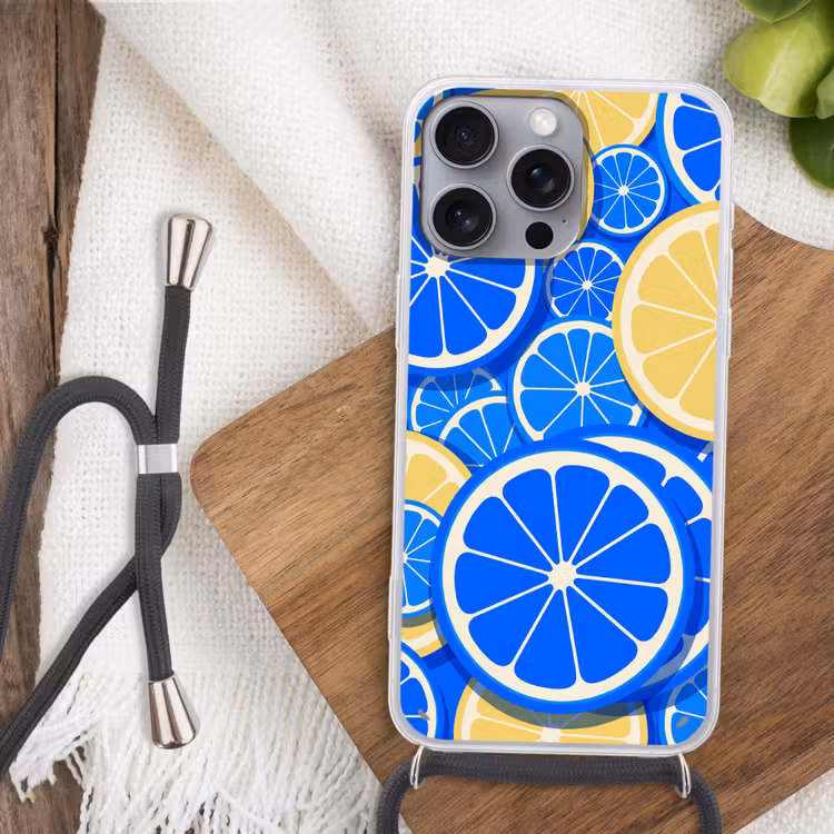 Fruit - Schijven - Patroon - Modern - Blauw - Geel Hoesje iPhone 16 Pro Max met koord klein -sfeer4
