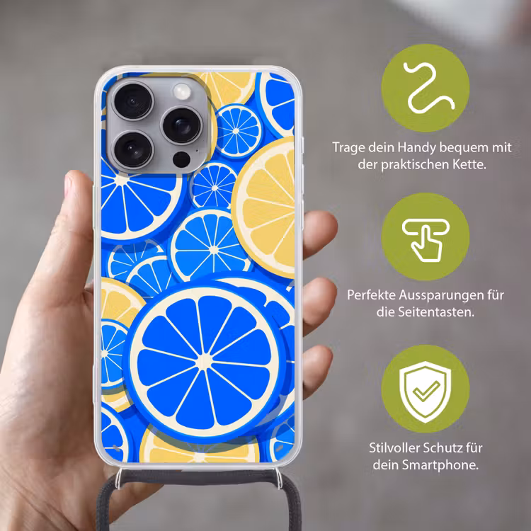 Fruit - Schijven - Patroon - Modern - Blauw - Geel Hoesje iPhone 16 Pro Max met koord klein -sfeer2_DE