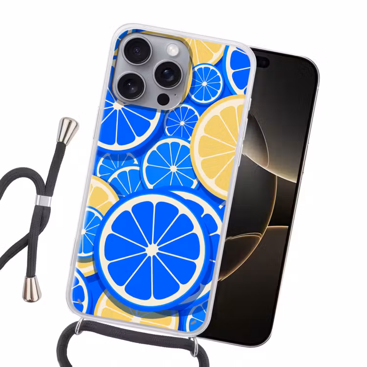 Fruit - Schijven - Patroon - Modern - Blauw - Geel Hoesje iPhone 16 Pro Max met koord klein -sfeer1