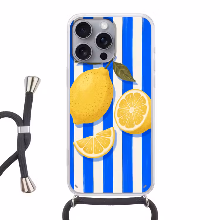 Fruit - Citroen - Zomer - Geel - Blauw Hoesje iPhone 16 Pro Max met koord klein -3d