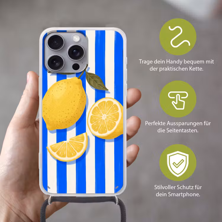 Fruit - Citroen - Zomer - Geel - Blauw Hoesje iPhone 16 Pro Max met koord klein -sfeer2_DE
