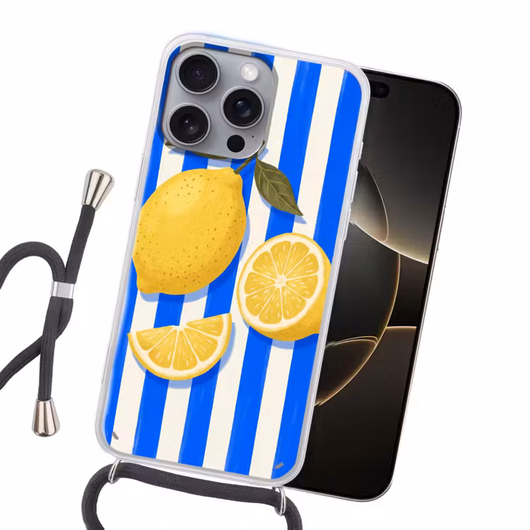 Fruit - Citroen - Zomer - Geel - Blauw Hoesje iPhone 16 Pro Max met koord klein -sfeer1